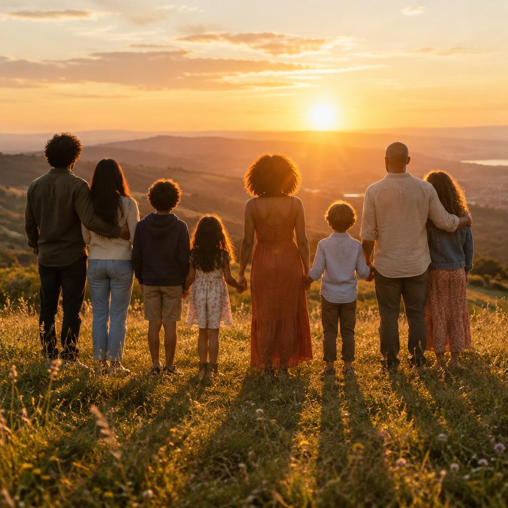 Four adults and four children seen from behind, standing together atop a sunlit hill